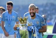 Sergio Aguero celebrates Man City's PL triumph